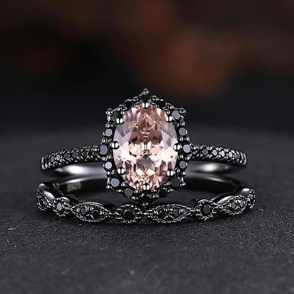 Oval Morganite Engagement Ring Set Gothic Black Gold Wedding Band Bridal Promise Ring Set Halo Black Diamond Wedding Rings Personalized Gift