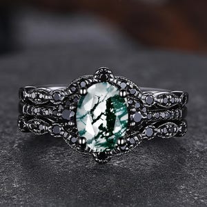 3pc Moss Agate Wedding Ring Set Gothic Black Gold Stacking Matching Rings Moss Agate Engagement Set Women Bridal Ring Anniversary Gifts