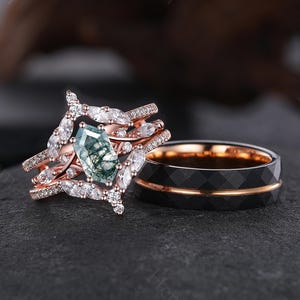 Moss Agate Couples Ring Set Vintage Double Curved Diamond Wedding Band Rose Gold Matching Promise Set His and Hers Ring Set Gift for Couple