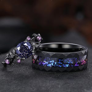 Nature Inspired Round Galaxy Blue Sandstone Amethyst Couple Rings Twig Vine Blue Sandstone Black Gold Wedding Ring Set Gifts for Couples