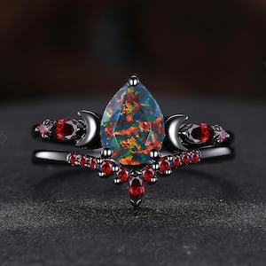 Gothic Fire Opal and Garnet Moon Ring, Black Gold Moon Design Wedding Ring, Nature-Inspired Opal Engagement Ring, Promise Ring Gift for Her