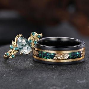 Vintage Pear Moss Agate Couple Ring Set Bridal Promise Ring For Couples Leaves Branches Engagement Ring Men's Wedding Band Gift for Women