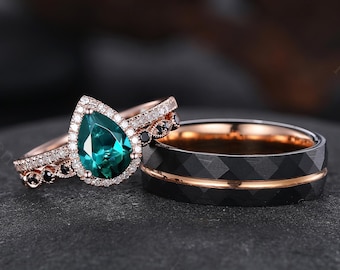 Bagues couple or rose émeraude 3PC Alliance pour elle et lui Bague émeraude pour elle Bague de mariage personnalisée Bague empilable Bague assortie Cadeaux de mariage