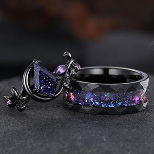Blue Sandstone Moon Couples Ring Set His and Hers Matching Wedding Ring Meteorite Tungsten Band Celestial Engagement Rings Anniversary Gifts