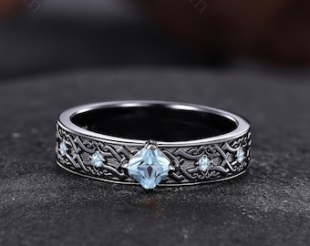 Aquamarine in Black Gold Viking Wedding Band for Women & Men Blue Gemstone Fantasy Ring Birthstone Engagement Ring Celtic Alike