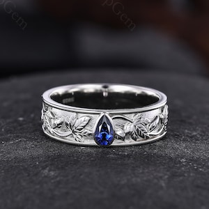 Anillo de boda para hombre de oro de 10k con zafiro, anillo con diseño de hoja de arce, anillo de compromiso con diseño de vid, joyería hecha a mano.