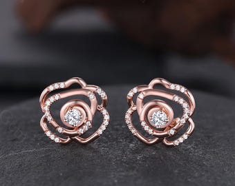 Rose Gold Flower Earrings Diamond Stud Earrings Bridal Dainty Wedding Jewelry Personalized Earrings for Women Anniversary Mother's Day Gift