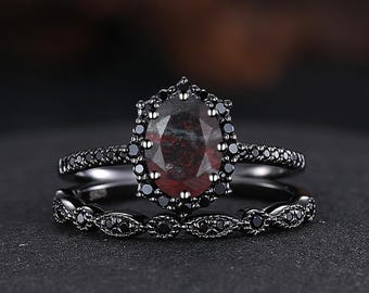 Gothic Black Gold Oval Bloodstone Engagement Ring Set Bridal Set Stacking Wedding Rings Witchy Promise Ring Black Spinel Band Gift for Her