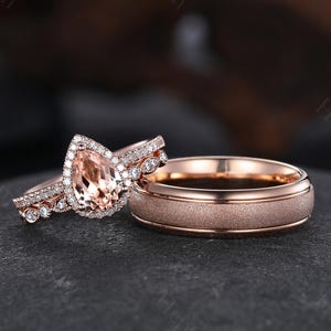 Vintage Pear Morganite Couples Ring Set His and Hers Matching Ring Set Rose Gold Morganite & Tungsten Wedding Band Couple Promise Rings