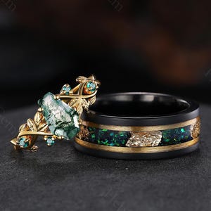 Vintage Moss Agate Couple Ring Set Promise Ring For Men and Women Moss Agate Leaf Engagement Ring & Tungsten Gold Foil Opal Men's Band