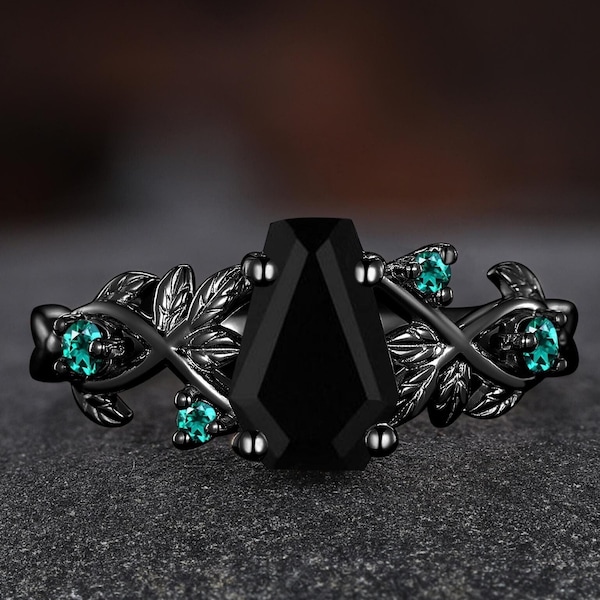 Unique Black Onyx Weeding Ring, Coffin Cut Black Onyx Engagement Ring, Leaf Design Emerald Ring, Black Gold Promise Ring for Women, Gifts