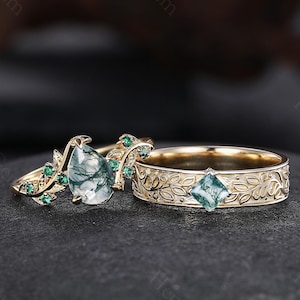 Moss Agate Couple Ring Set Leaf Vine Twig Nature Inspired Ring Bridal Promise Ring Anniversary Gift for Couples His and Hers Wedding Bands