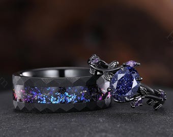 Galaxy Blue Sandstone Couple Rings Twig Vine Amethyst Matching Ring Set His and Hers Wedding Band Men's Meteorite Ring Nature-inspired Rings