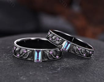 Alexandrite Wedding Band Set 4mm/5mm Men Wedding Ring Gothic Black Gold Leaf Vines Engagement Rings Matching Promise Ring Handmade Jewelry