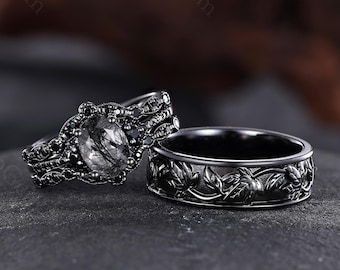 Gothic Black Rutilated Quartz Couple Rings 10K Black Gold 3PCS Engagement Rings Leaf Engraved Wedding Band His and Hers Wedding Rings