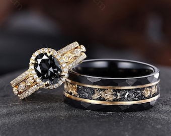 3pc yellow gold black moissanite couple ring his and hers wedding bands moissanite engagement rings for couple women promise rings