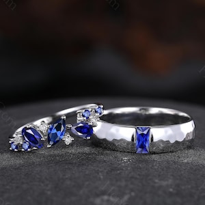 His and Hers Sapphire Wedding Ring Set Sterling Silver Matching Couples Rings Blue Gemstone Bridal Set Unique Engagement Rings for couples