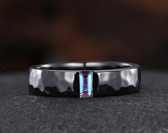 Unique Alexandrite Engagement Ring, Baguette Cut Alexandrite Weeding Band, Gothic Wedding Band Black Gold Men's Ring, Wedding Gift for Him