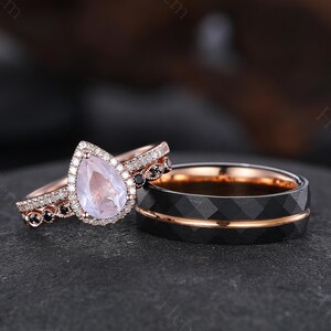 Vintage Pear Cut Rose Quartz Engagement Ring Sets Rose Gold Art Deco Pink Gemstone Couple Ring Set Couple Matching Rings His and Hers Rings