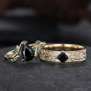 Vintage Black Onyx Couples Ring Yellow Gold Matching Ring Set His and Hers Wedding Bands Twig Leaf Ring Promise Ring For Men For Women