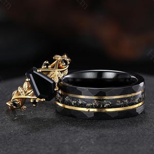 Gothic Black Onyx Couples Ring Set Nature Inspired Couple Ring His and Hers Wedding Band Coffin Shape Ring Black Tungsten Ring Matching Ring