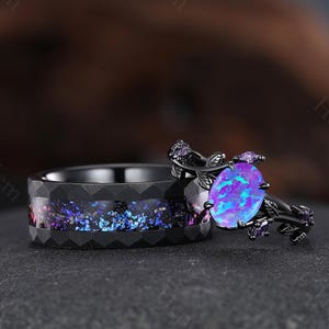 Mystic Purple Opal Couple Rings, Unique Gemstone Ring, His and Hers Wedding Band, Gift for Her, Black Gold Oval Purple Opal Engagement Rings