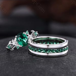 Emerald Engagement Ring Set for Couples Twig Leaf Nature Inspired Ring Sterling Silver Ring His and Her Ring Set May Birthstone Promise Ring