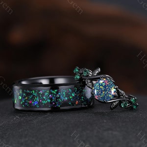 Black Opal Couple Ring, Orion Nebula Ring Set, Black Opal Engagement Ring, Black Gold His and Her Wedding Band, Nature Inspired Bridal Set