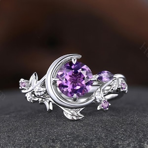 Vintage Runde geschnitten Amethyst Mond Verlobungsring Mond Design Sterling Silber Ehering Amethyst Versprechen Ring für Frauen personalisierte Geschenke
