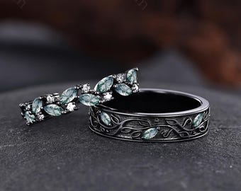 Moss Agate Couples Ring Branch Vines Engagement Ring Leaf Men Wedding Band His and Hers Wedding Rings Nature Inspired Ring Anniversary Gift