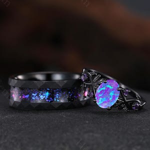 Gothic Lavender Purple Opal Couple Rings His and Hers Matching Wedding Band Purple Gemstone Engagement Rings Tungsten Ring Anniversary Gifts