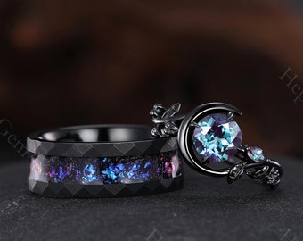 Moon Alexandrite Couple Ring Set His and Hers Wedding Band Round Alexandrite Engagement Ring Alexandrite Tungsten Ring Gothic Couple Ring