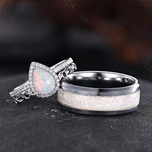 White Opal Couple Ring Retro Style Couple Ring Set Opal Stacking Rings His and Hers Wedding Band Anniversary Gift for Men and Women