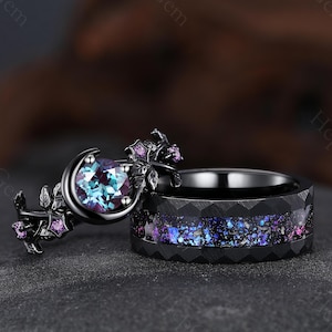 Gothic Black Gold His and Hers Ring Set Vintage Alexandrite Crescent Moon Couple Rings Natural Vine Engagement Rings Blue Tungsten Ring