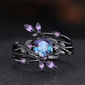 Hexagon Cut Alexandrite Ring Black Gold Alexandrite Engagement Ring For Women Leaf Inspired Gemstone Ring Cluster Art Deco Bridal Ring