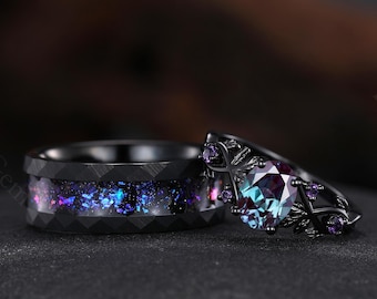Vintage Alexandrite Couple Rings Oval Cut Ring for Her Amethyst Leaf Design Engagement Ring Alexandrite & Tungsten Matching Rings for Women