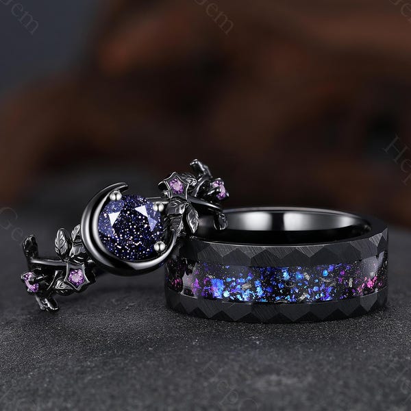 Anneaux de couple croissant de lune en grès bleu galaxie, ensemble d'alliances en grès d'Orion, or noir, alliance en forme de vigne, bague de fiançailles en feuille naturelle