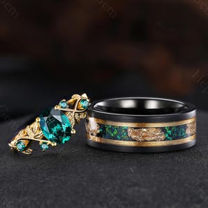Vintage Emerald Couple Ring Set Oval Emerald Leaf Engagement Ring Promise Ring For Couples Nature Inspired Couple Rings Anniversary Rings