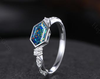 Natural Black Opal Ring Sterling Silver Black Opal Ring Fire Opal Ring Black Fire Opal Ring Hexagon Black Opal Ring- October Birthstone Ring