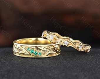 Ensemble de bagues pour couples, bague émeraude ronde, bague en or rose, bague brindille pour homme et femme Alliance pour elle et lui, cadeaux personnalisés, cadeaux