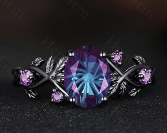 Firework Cut Alexandrite Engagement Ring Nature Inspired Black Gold Leaf Ring Unique Alexandrite Engagement Ring Bridal Wedding Rings Gifts