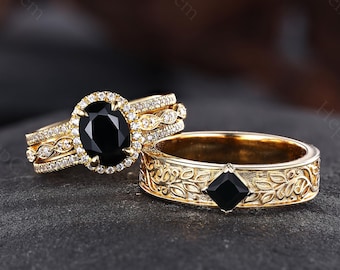 Black Onyx Gold Couple Rings 3PCS Engagement Rings for Women Leaf Engraved Man Wedding Band His and Hers Couple Promise Rings