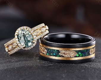 3pc yellow gold moss agate couple ring his and hers wedding bands moissanite engagement rings for couple women promise rings gift