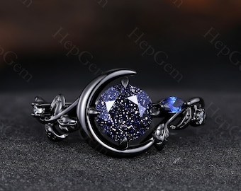 Nature Inspired Natural Blue Sandstone Ring Moon Star Design Vintage Round Blue Sandstone Engagement Ring Leaf Sapphire Dainty Wedding Ring