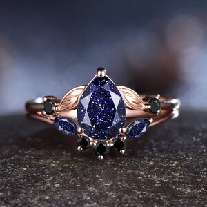 Galaxy Pear Cut Blue Sandstone Engagement Ring Set Art Deco Marquise Blue Sandstone Wedding Ring Rose Gold 2pcs Bridal Set Gifts for Her