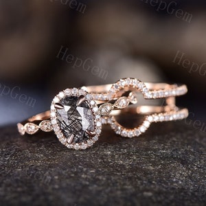 Vintage Oval Black Rutilated Quartz Weeding Ring Set 14K Rose Gold Chevron Enhancer Wedding Band Bridal Ring for Women Halo Diamond Ring Set
