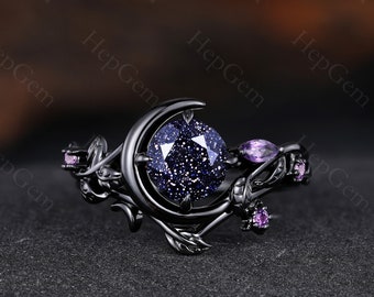Nature Inspired Natural Blue Sandstone Ring Set Moon Star Design Vintage Round Sandstone Engagement Ring Leaf Sapphire Dainty Wedding Ring
