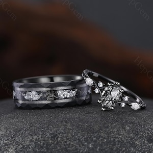 Vintage Black Rutilated Quartz Couples Ring Black Gold Matching Ring Set His and Hers Wedding Band Promise Ring For Couple Anniversary Rings