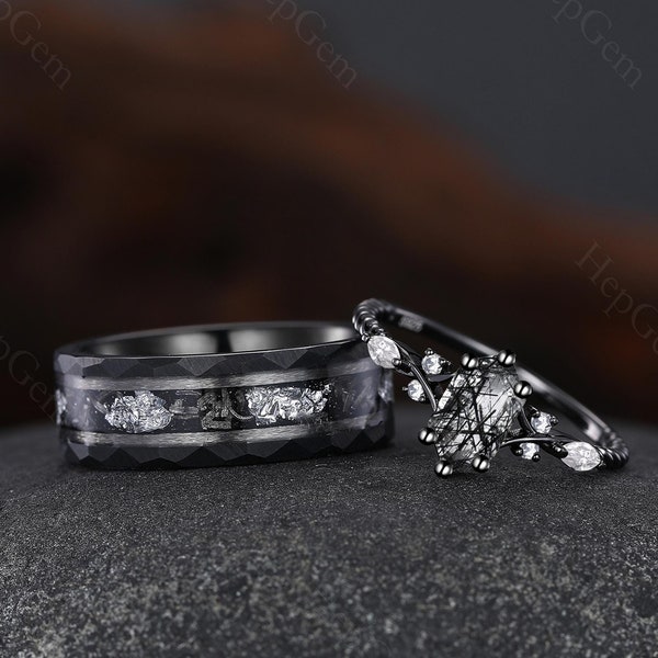 Vintage Black Rutilated Quartz Couples Ring Black Gold Matching Ring Set His and Hers Wedding Band Promise Ring For Couple Anniversary Rings