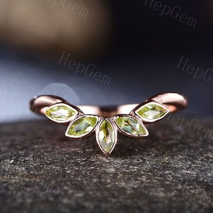 Curved Shaped Peridot Wedding Band,Marquise Peridot,August Birthstone Wedding Ring,Stack Wedding Band,Rose Gold,Anniversary Gift For Women